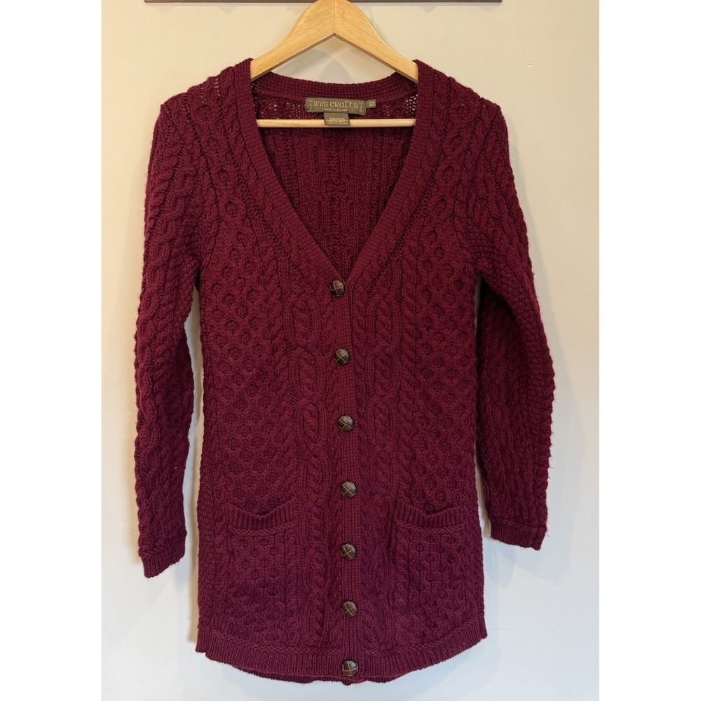 Inis Crafts 100% Irish Merino Wool Cable Knit Long Button Up Cardigan Burgundy S